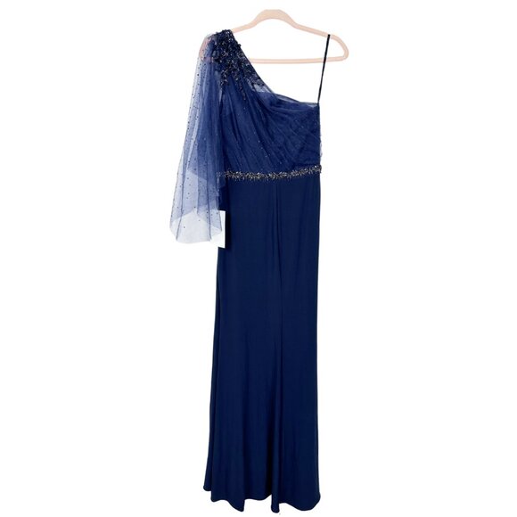 NWT Mac Duggal Embellished One Shoulder Draped Gown 6 Navy #8144 - Picture 6 of 9